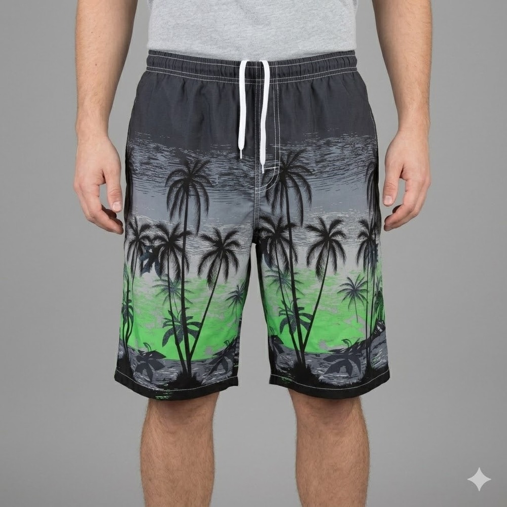 Banana Split U.S.A. Palm Tree Gradient‎ Swim Trunks Size L Gray Green